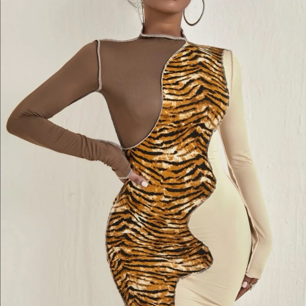 Tiger Skin Panel Top-stitching Colorblock Bodycon Dress